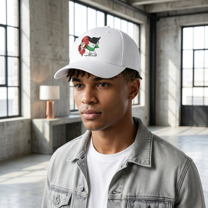 Palestine Flag & Fist Graphic Baseball Cap - Arabic Calligraphy Cap (White)