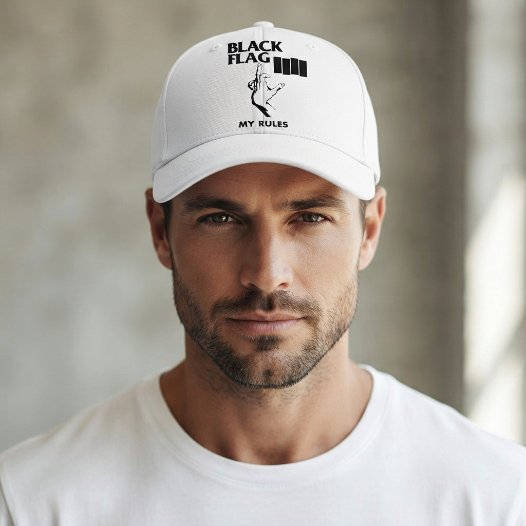 Black Flag My Rules Four Bars Graphic Baseball Cap - Hardcore Punk Rock Band Cap (White)