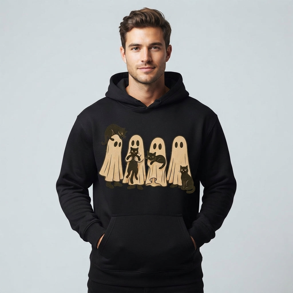 Spooky Ghost Sheet Black Cats Halloween Graphic Pullover Hoodie