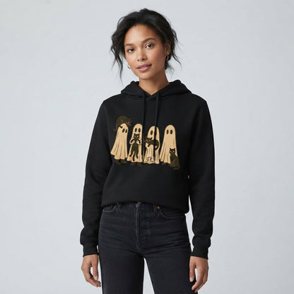 Spooky Ghost Sheet Black Cats Halloween Graphic Pullover Hoodie