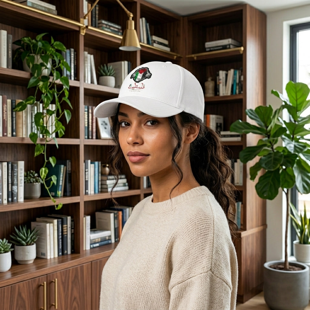 Palestine Flag & Fist Graphic Baseball Cap - Arabic Calligraphy Cap (White)