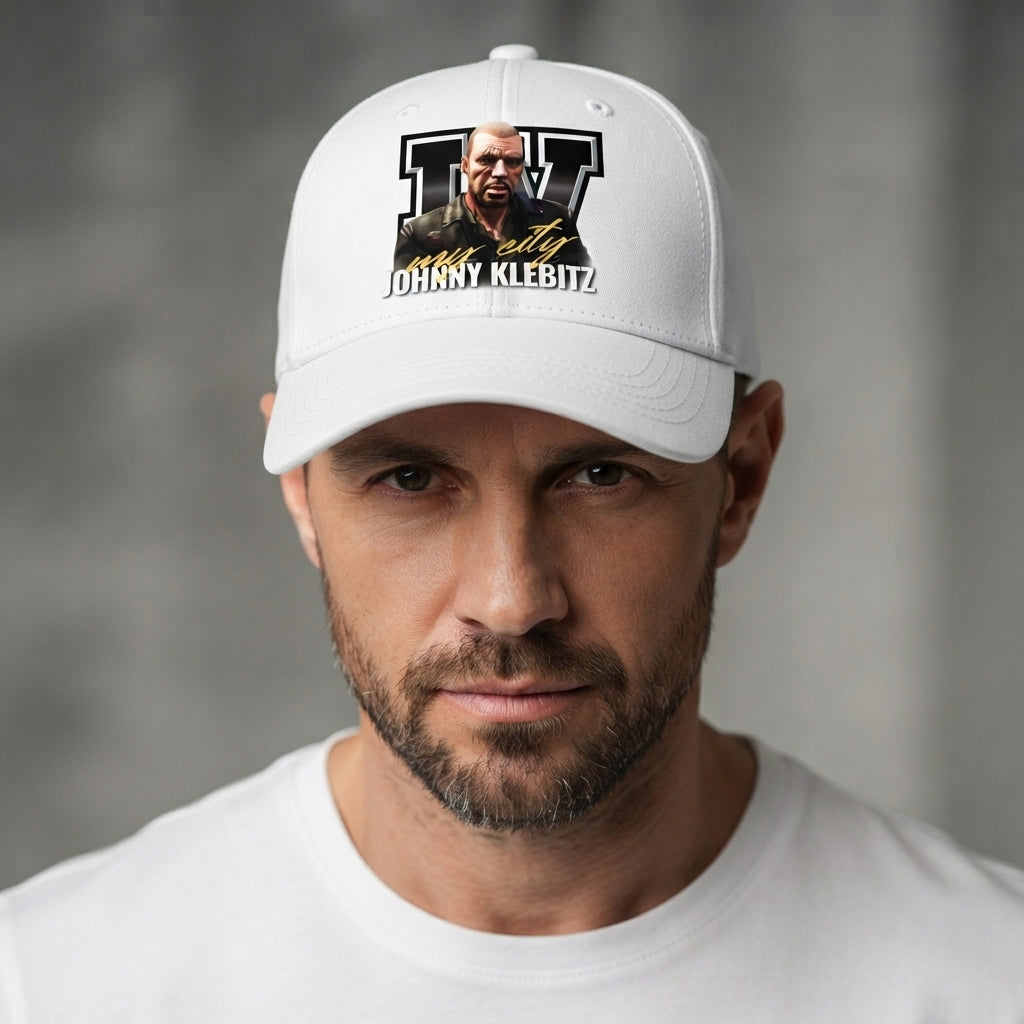 GTA Johnny Klebitz Graphic Baseball Cap - Grand Theft Auto IV Gaming Cap (White)