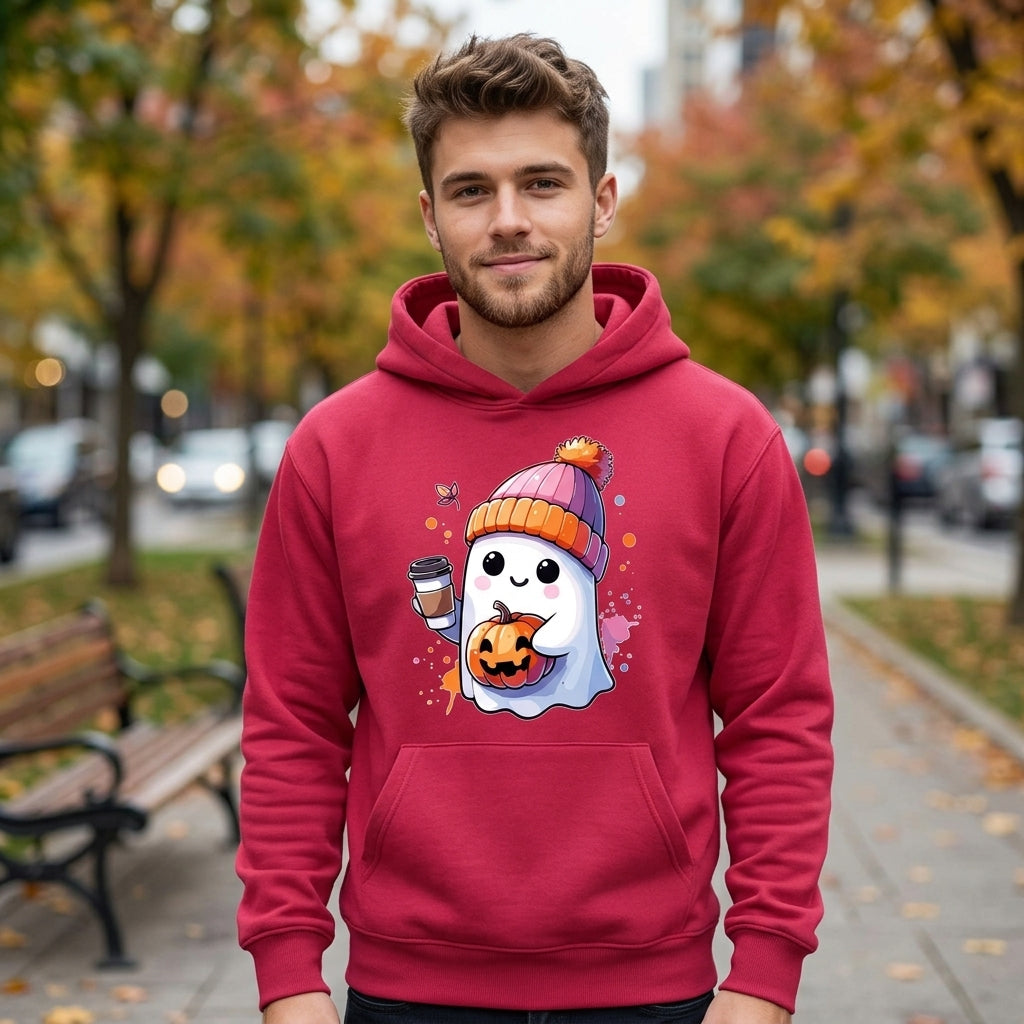 Cute Ghost Beanie Iced Coffee Pumpkin Fall Halloween Graphic Pullover Hoodie