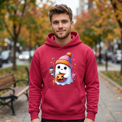 Cute Ghost Beanie Iced Coffee Pumpkin Fall Halloween Graphic Pullover Hoodie