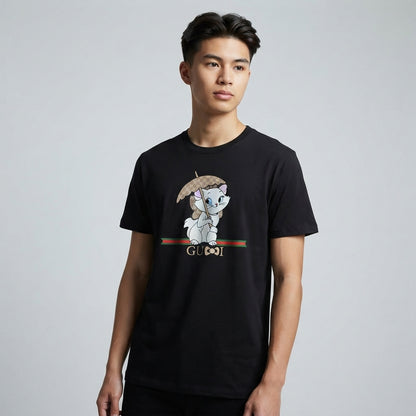 Cute Kitten with Luxury Monogram Umbrella Graphic T-Shirt - Unisex Premium Cotton Streetwear Tee (Black, Blue | XS to 4XL)