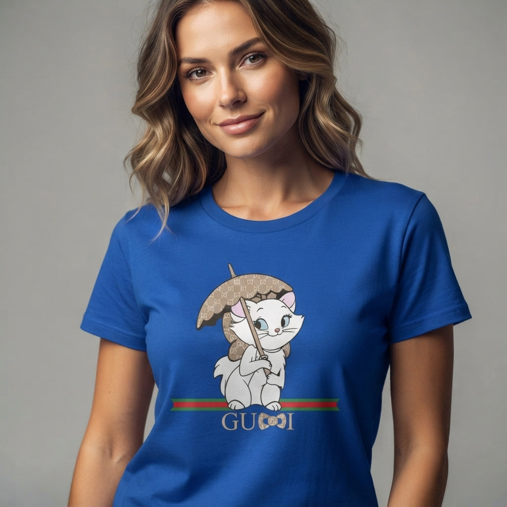 Cute Kitten with Luxury Monogram Umbrella Graphic T-Shirt - Unisex Premium Cotton Streetwear Tee (Black, Blue | XS to 4XL)