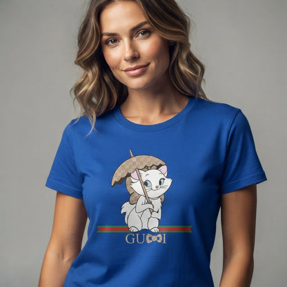 Cute Kitten with Luxury Monogram Umbrella Graphic T-Shirt - Unisex Premium Cotton Streetwear Tee (Black, Blue | XS to 4XL)