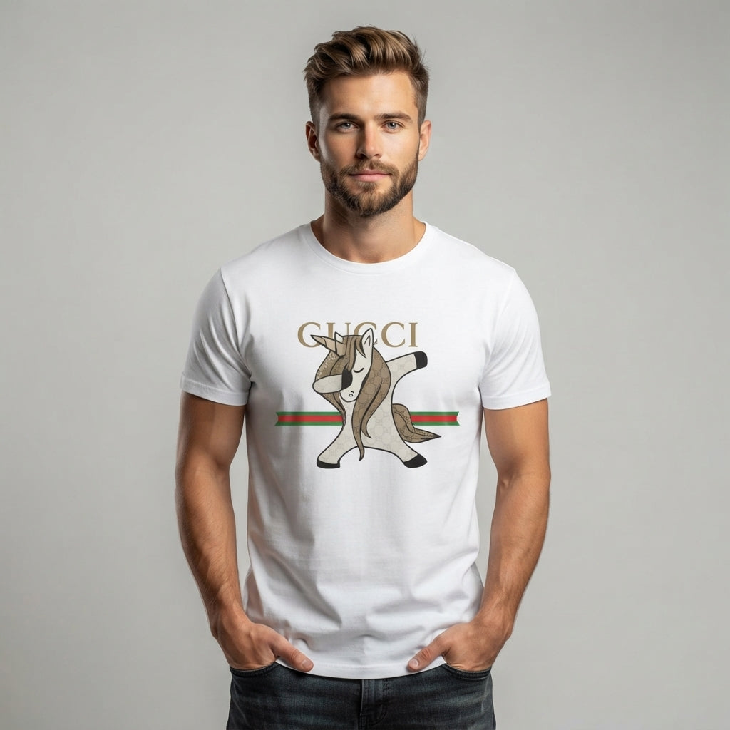 Dabbing Unicorn in Luxury Monogram Mane Graphic T-Shirt - Unisex Premium Cotton Streetwear Tee (Black, White, Blue | XS to 4XL)