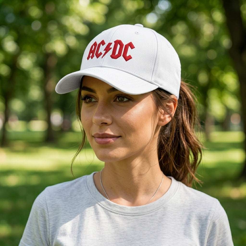 AC/DC Classic Red Logo Graphic Baseball Cap - Heavy Metal Rock Band Cap (Black & White)