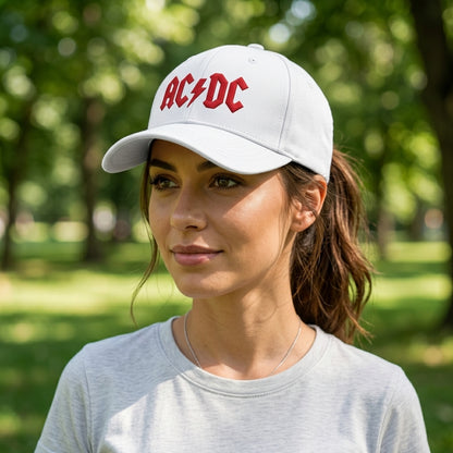 AC/DC Classic Red Logo Graphic Baseball Cap - Heavy Metal Rock Band Cap (Black & White)