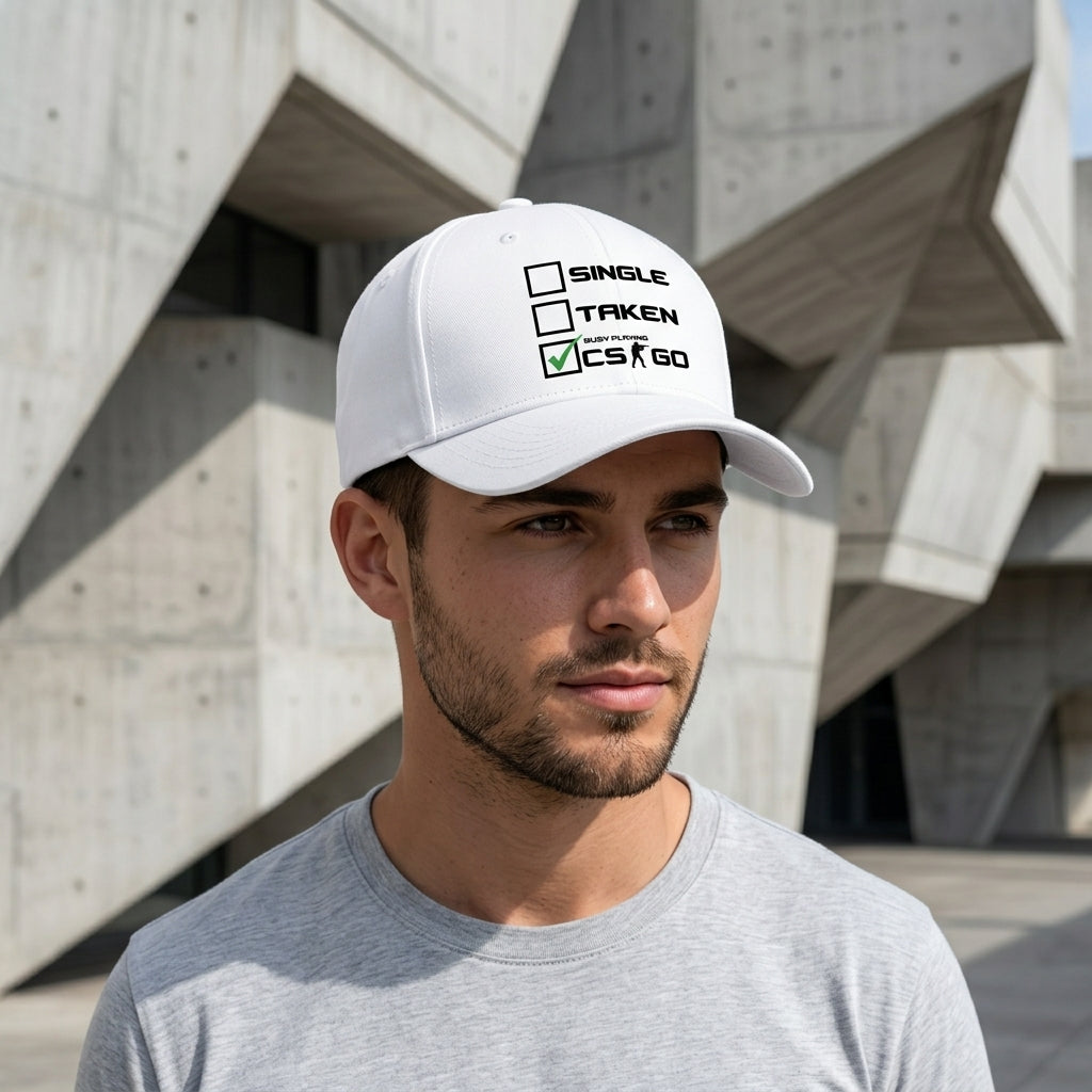 Single Taken Busy Playing CS:GO Funny Gaming Baseball Cap - Gamer Graphic Cap (White)