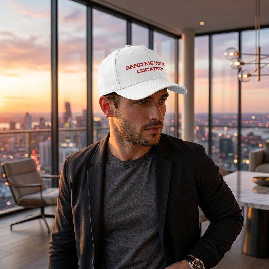 Send Me Your Location Funny Quote Baseball Cap - Viral Meme Graphic Cap (White & Black)