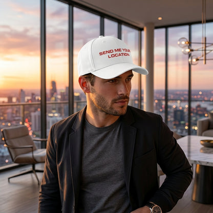 Send Me Your Location Funny Quote Baseball Cap - Viral Meme Graphic Cap (White & Black)