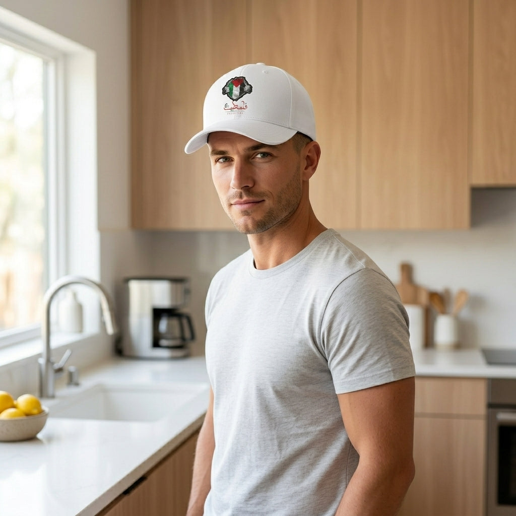 Palestine Flag & Fist Graphic Baseball Cap - Arabic Calligraphy Cap (White)