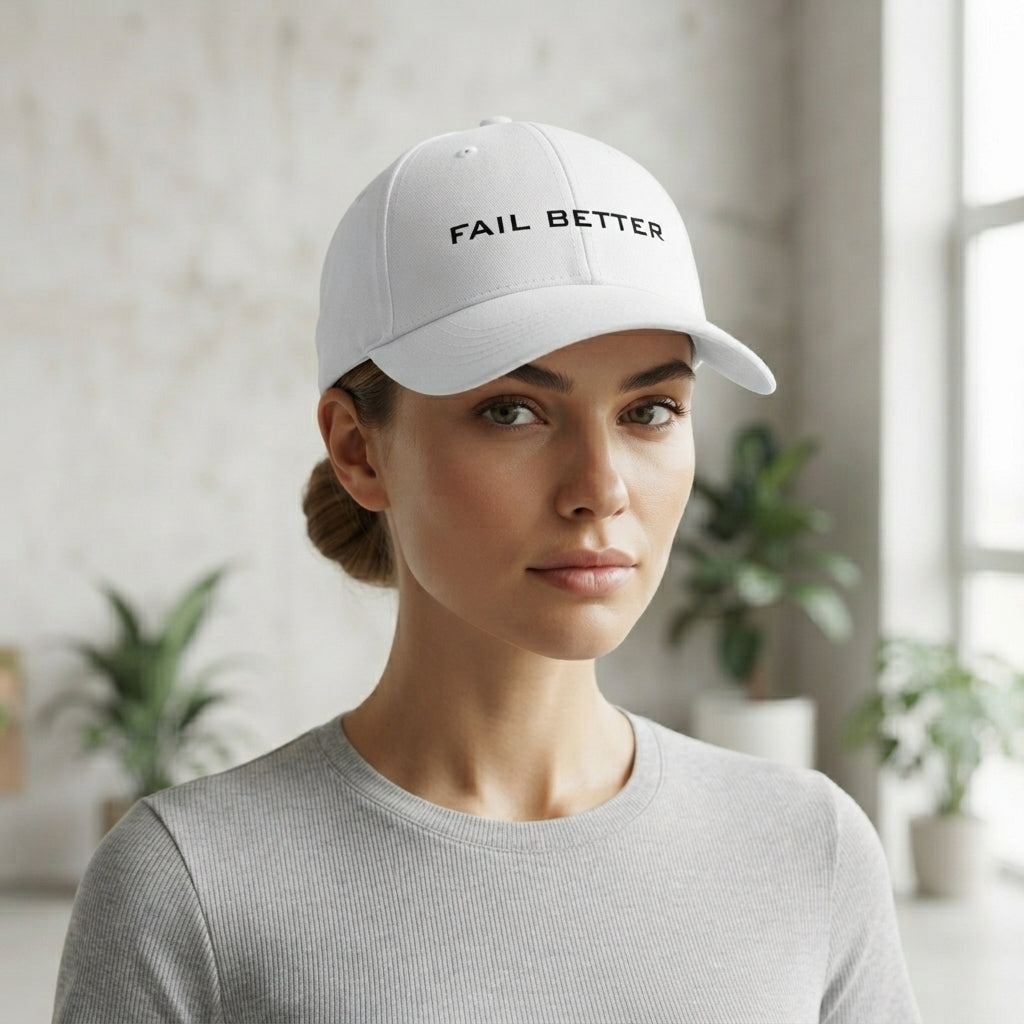 Fail Better Minimalist Typography Graphic Baseball Cap - Motivational Quote Cap (White)