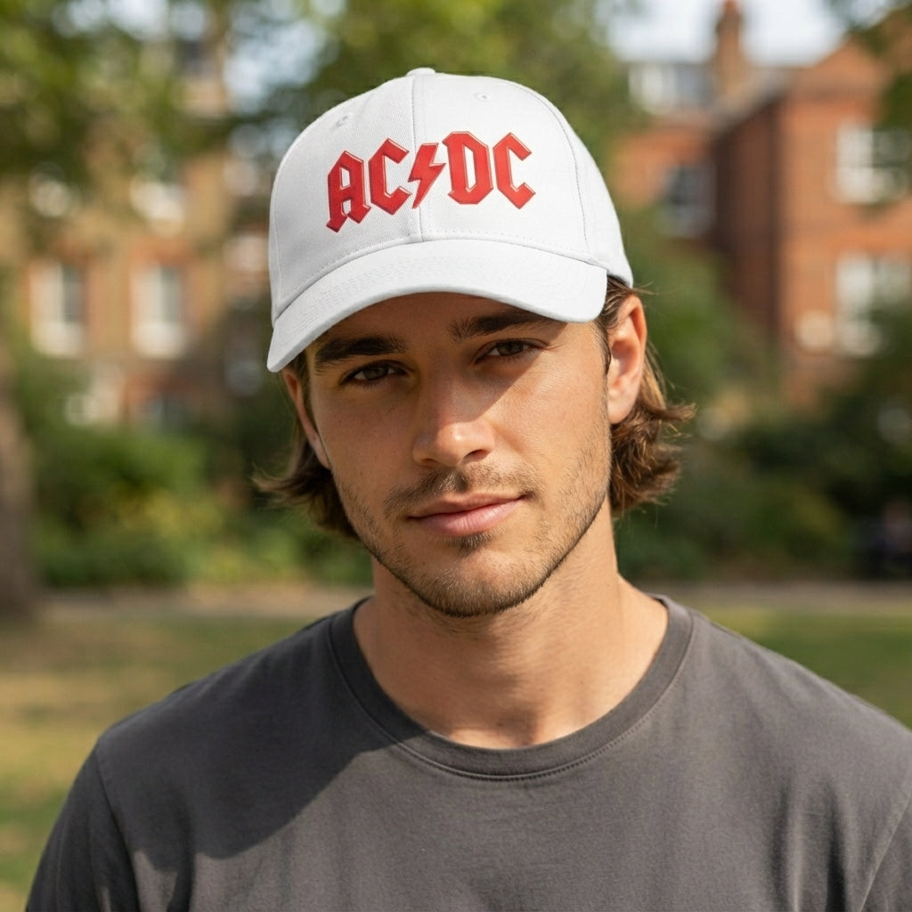 AC/DC Classic Red Logo Graphic Baseball Cap - Heavy Metal Rock Band Cap (Black & White)