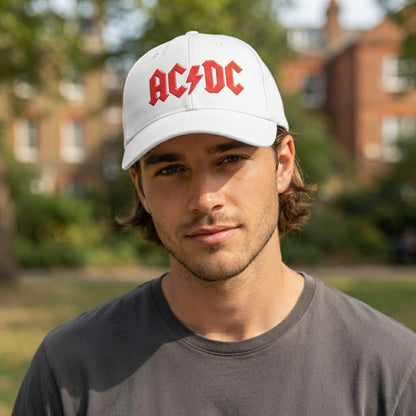 AC/DC Classic Red Logo Graphic Baseball Cap - Heavy Metal Rock Band Cap (Black & White)
