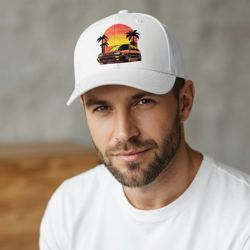 Retro Synthwave Sunset Car Graphic Baseball Cap - Vintage Japanese JDM / Euro Tuner Cap (White & Black)