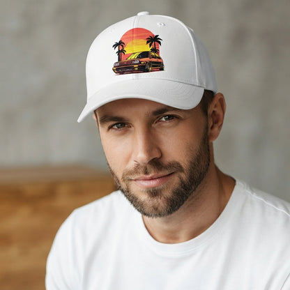 Retro Synthwave Sunset Car Graphic Baseball Cap - Vintage Japanese JDM / Euro Tuner Cap (White & Black)