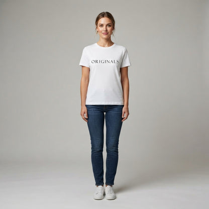 ORIGINALS Minimalist Serif Typography Graphic T-Shirt - Premium Soft Cotton Crew Neck Tee in White & Blue