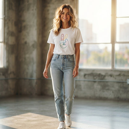 Colorful Neon Peace Sign Hand Graphic T-Shirt - Vibrant ADA Typography Cotton Crew Neck Tee in Black & White