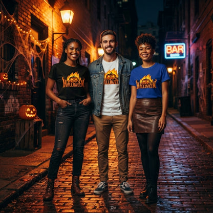 Fiery Happy Halloween T-Shirt – Flaming Pumpkin Spooky Graphic Tee