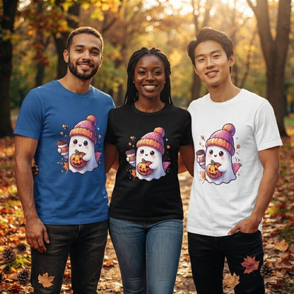 Cute Ghost with Coffee & Pumpkin T-Shirt – Cozy Fall Halloween Graphic Tee