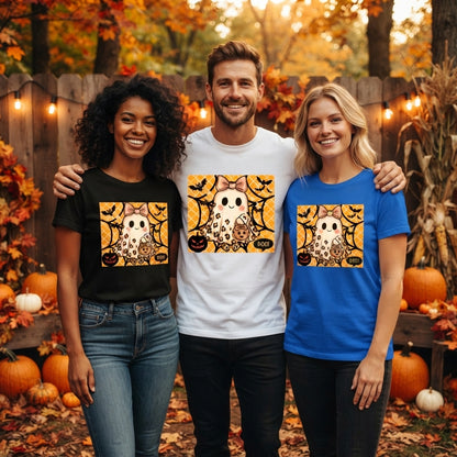 Cute Leopard Ghost Halloween T-Shirt – Coquette Bow Spooky Graphic Tee
