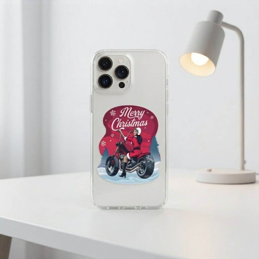 Merry Christmas Biker Santa Girl Clear Case for iPhone | Festive Motorcycle Holiday Cover