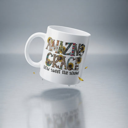 "Amazing Grace How Sweet The Sound" Sunflower Christian Coffee Mug 11oz - White Ceramic Tea Cup