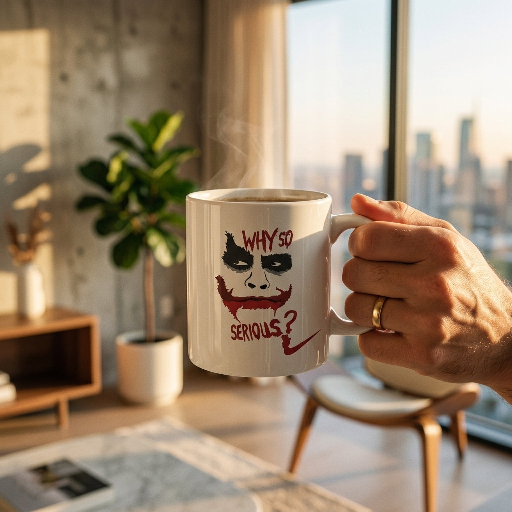 Why So Serious Villain Face Quote Premium White Ceramic Coffee Mug - Dark Aesthetic Graphic Printed Tea Cup for Movie Fans & Comic Lovers