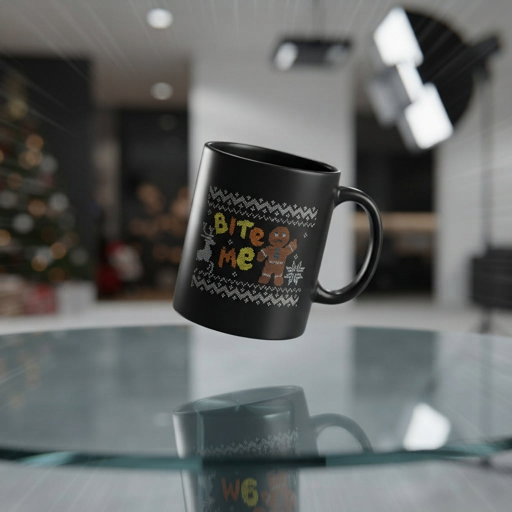 Funny "Bite Me" Ugly Sweater Gingerbread Man Christmas Coffee Mug 11oz - Black Ceramic Tea Cup