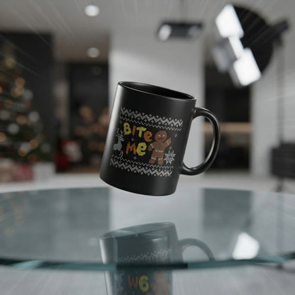 Funny "Bite Me" Ugly Sweater Gingerbread Man Christmas Coffee Mug 11oz - Black Ceramic Tea Cup
