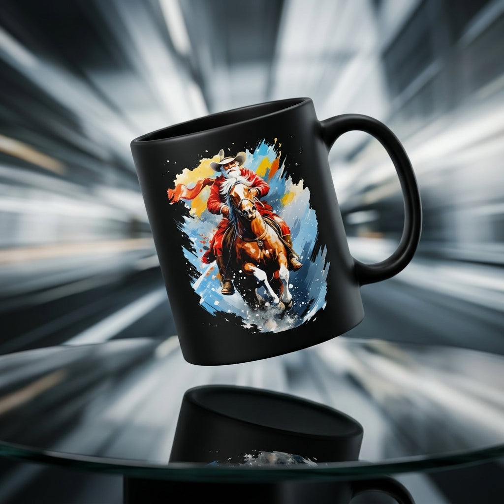 Western Cowboy Santa Riding Horse Christmas Coffee Mug 11oz - Black Ceramic Tea Cup