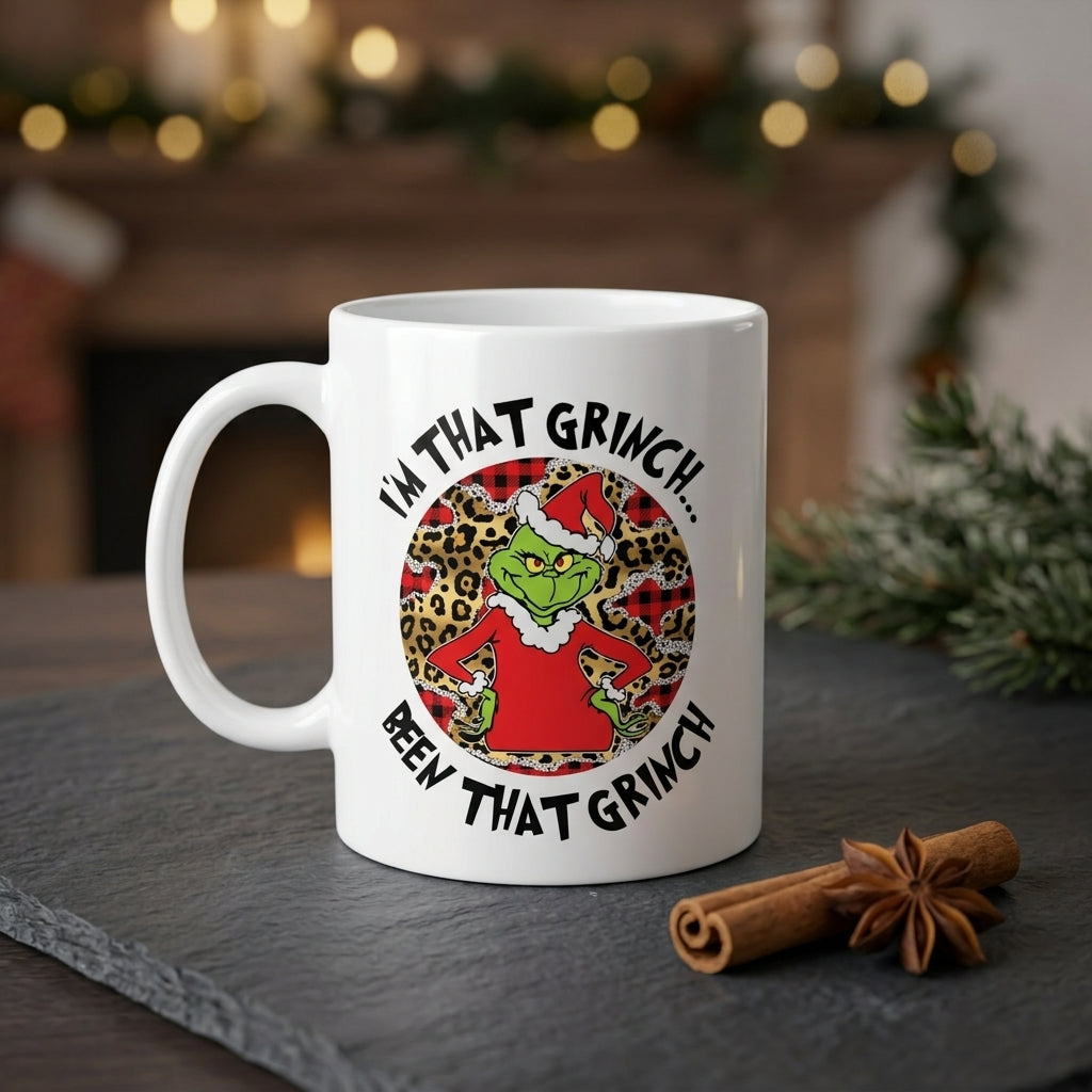 Funny "I'm That Grinch Been That Grinch" Leopard Pattern Christmas Coffee Mug 11oz - White Ceramic Tea Cup