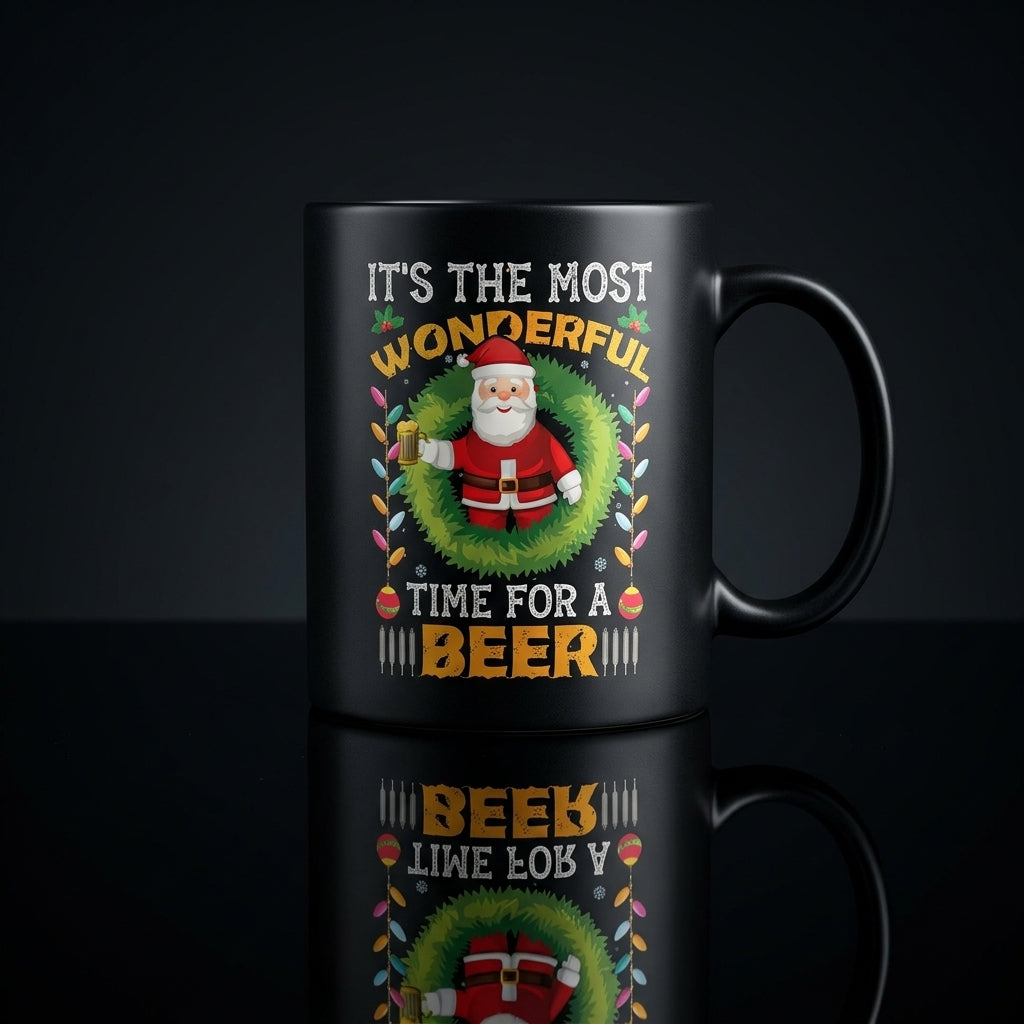 Funny "Most Wonderful Time For A Beer" Santa Christmas Coffee Mug 11oz - Black Ceramic Tea Cup