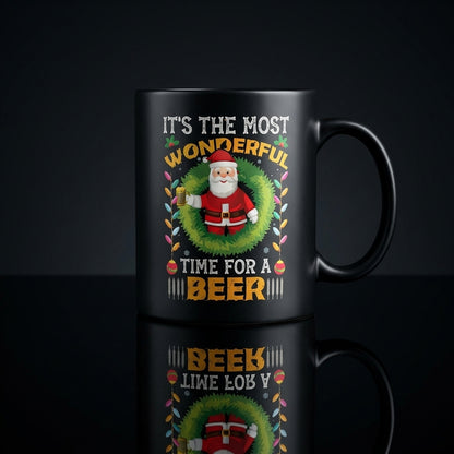 Funny "Most Wonderful Time For A Beer" Santa Christmas Coffee Mug 11oz - Black Ceramic Tea Cup