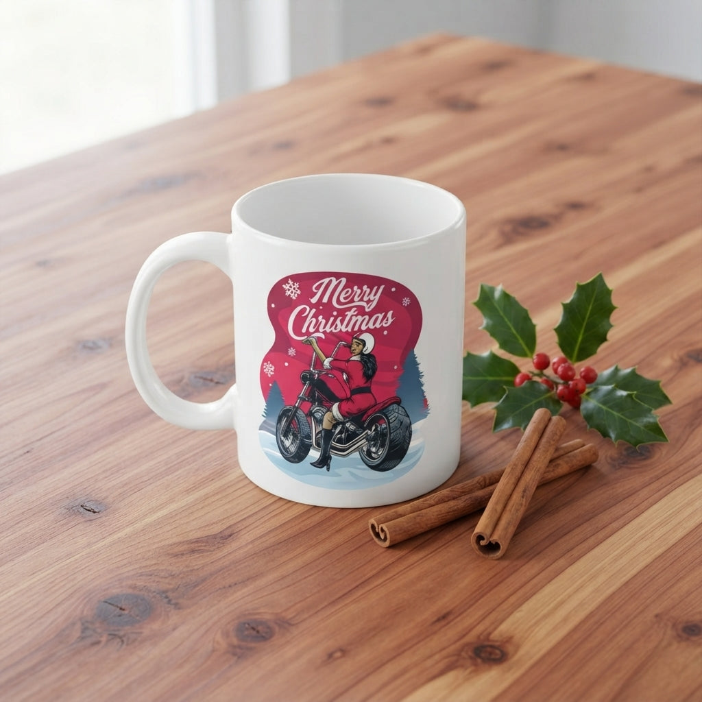 Biker Santa Christmas Coffee Mug - "Merry Christmas" Motorcycle Girl White Ceramic Tea Cup - Holiday Gift for Biker Lovers