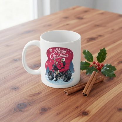Biker Santa Christmas Coffee Mug - "Merry Christmas" Motorcycle Girl White Ceramic Tea Cup - Holiday Gift for Biker Lovers