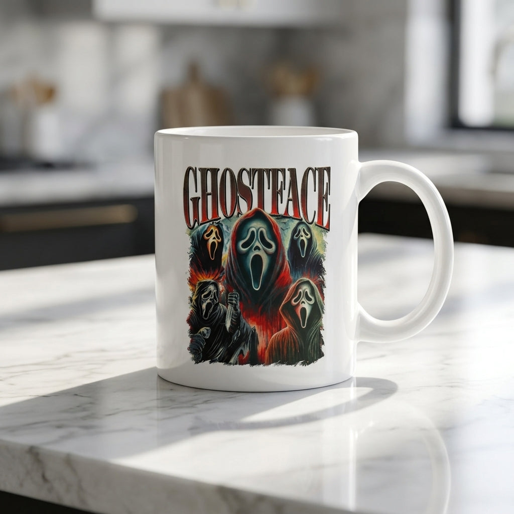Ghostface Scream Classic Horror Movie Collage White Ceramic Mug - Spooky Vintage Halloween Coffee Cup (11oz)