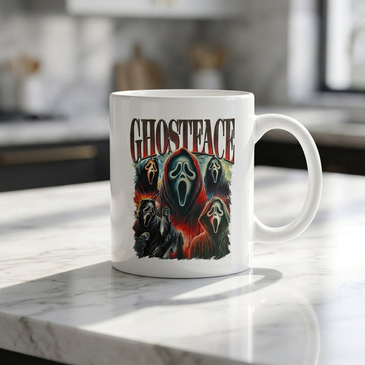Ghostface Scream Classic Horror Movie Collage White Ceramic Mug - Spooky Vintage Halloween Coffee Cup (11oz)