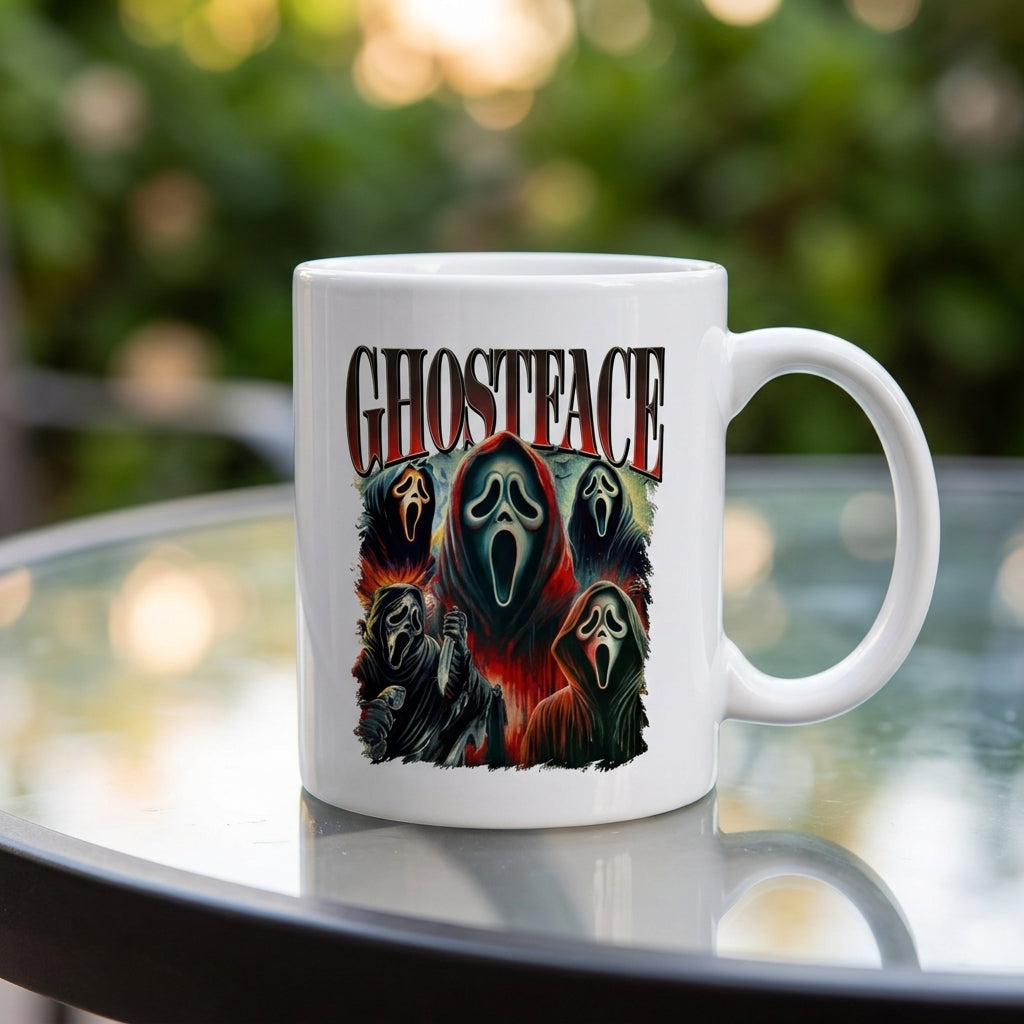 Ghostface Scream Classic Horror Movie Collage White Ceramic Mug - Spooky Vintage Halloween Coffee Cup (11oz)