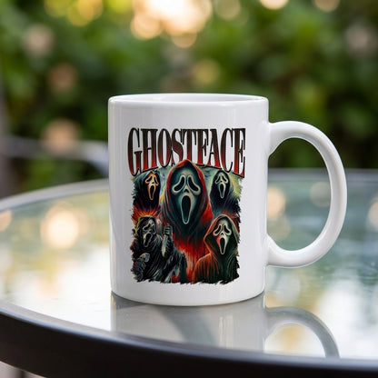 Ghostface Scream Classic Horror Movie Collage White Ceramic Mug - Spooky Vintage Halloween Coffee Cup (11oz)