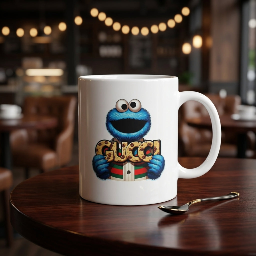 Funny Blue Cookie Monster Streetwear Graphic Ceramic Coffee Mug – Trendy Luxury Style Character Art Tea Cup & Unique Birthday Gift