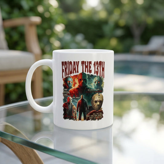 Jason Voorhees Friday The 13th Vintage Horror Movie Collage White Ceramic Mug - Camp Crystal Lake Halloween Coffee Cup (11oz)