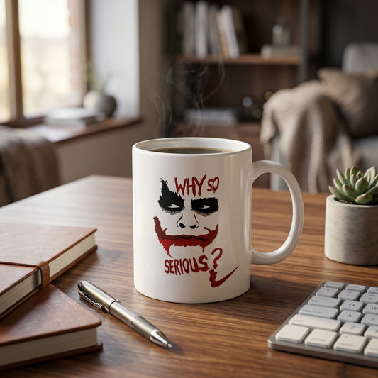 Why So Serious Villain Face Quote Premium White Ceramic Coffee Mug - Dark Aesthetic Graphic Printed Tea Cup for Movie Fans & Comic Lovers