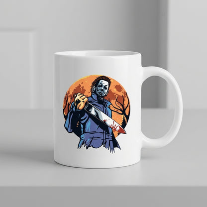 Michael Myers Bloody Knife Full Moon Halloween Graphic White Ceramic Mug - Spooky Slasher Horror Coffee Cup (11oz)
