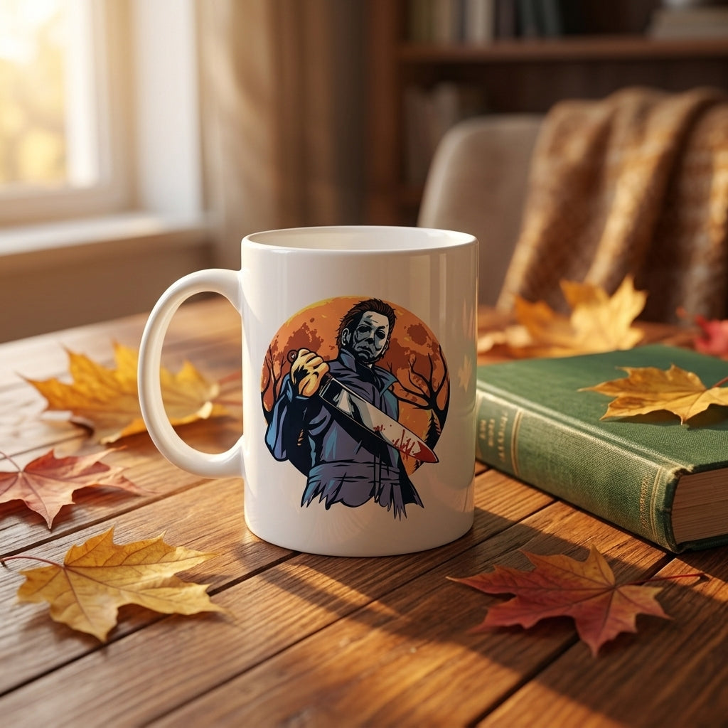 Michael Myers Bloody Knife Full Moon Halloween Graphic White Ceramic Mug - Spooky Slasher Horror Coffee Cup (11oz)