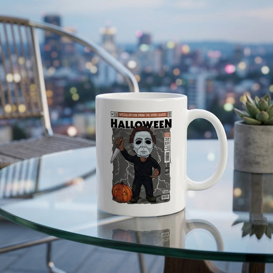 Michael Myers Comic Book Cover Special Edition Halloween Graphic White Ceramic Mug - Spooky Slasher Coffee Cup (11oz)