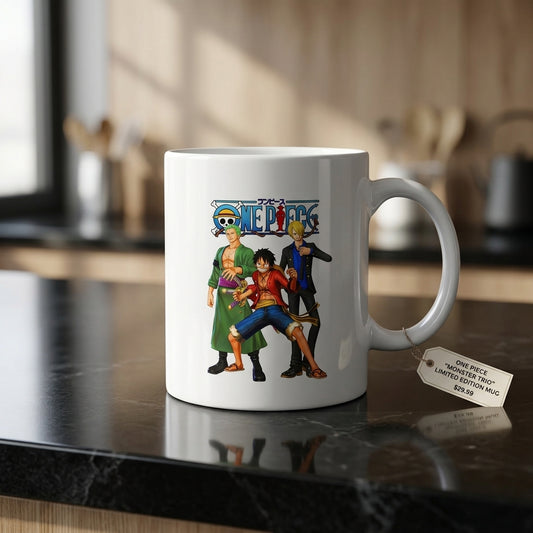 One Piece Monster Trio Luffy Zoro Sanji Graphic White Ceramic Mug - Straw Hat Pirates Anime Coffee Cup (11oz)